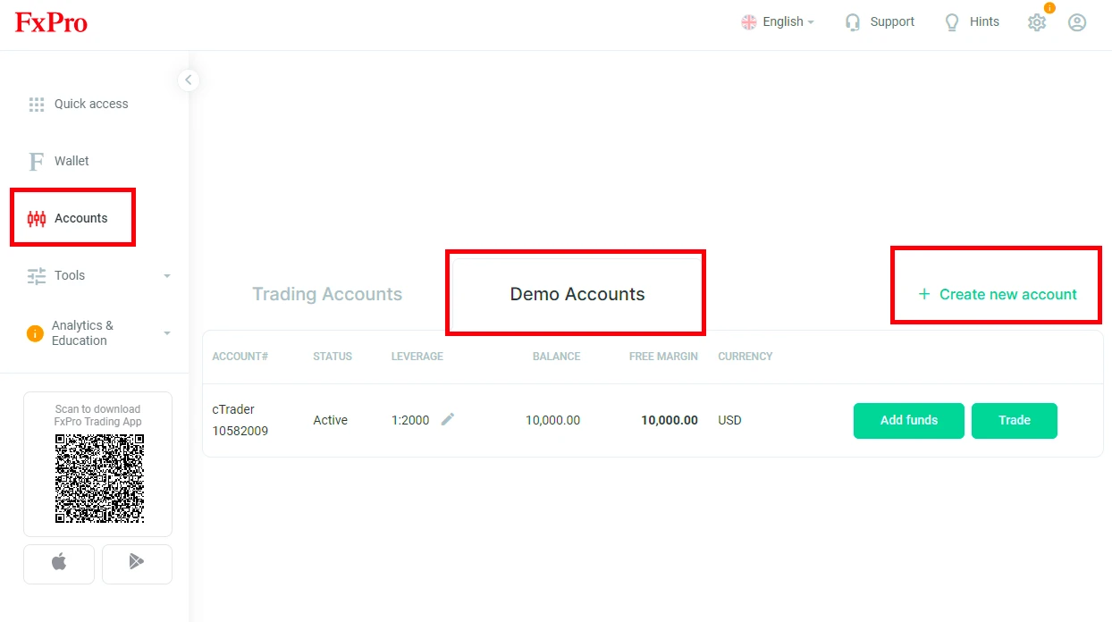 Create New Demo FXPro