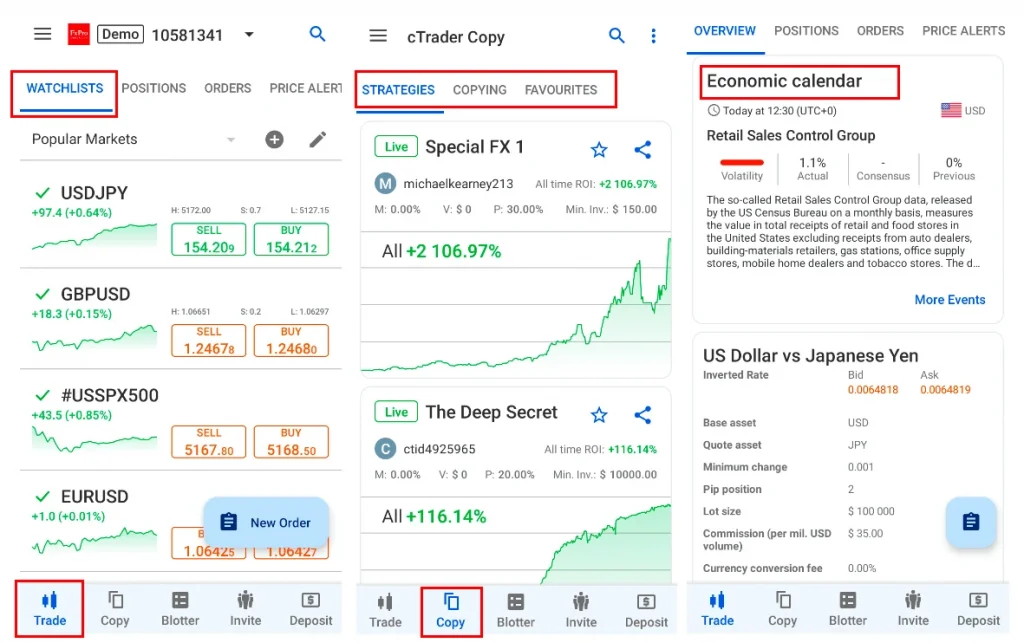 mobile interface ctrader